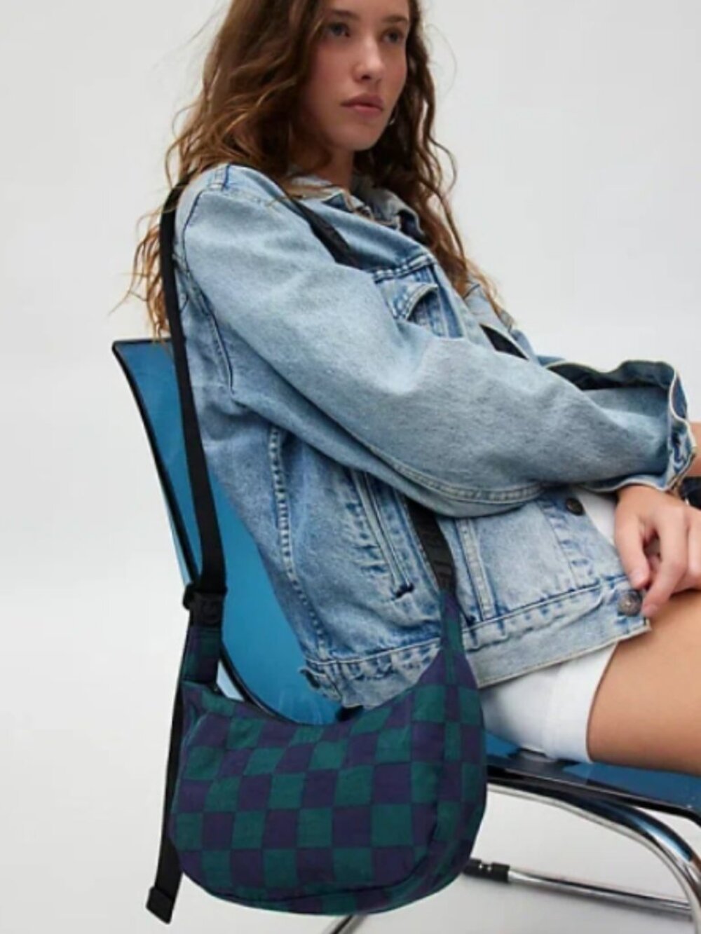 BAGGU Small Nylon Crescent Bag In Navy/green Check NWT